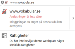 En skärmdump på hur det ser ut i webbläsaren när du besöker en webbplats som inte har ett SSL-certifikat.